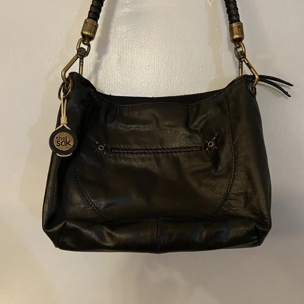The Sak Black Leather Shoulder Bag Purse Braided‎ Strap Brass Hardware EUC Y2K